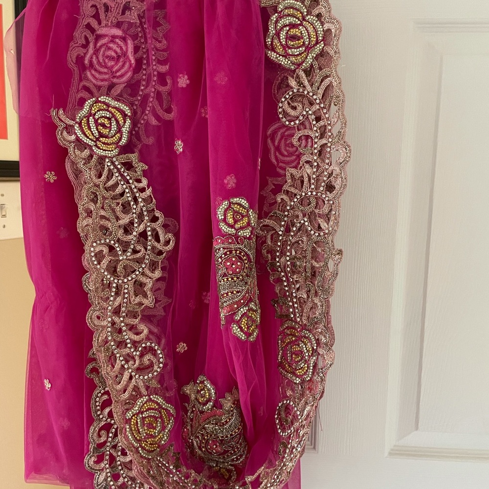 Pink Indian net saree with embroidery - Picture 2 of 3